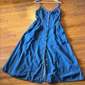 GAP Blue Denim Button-Front Midi Dress with Spaghetti Straps